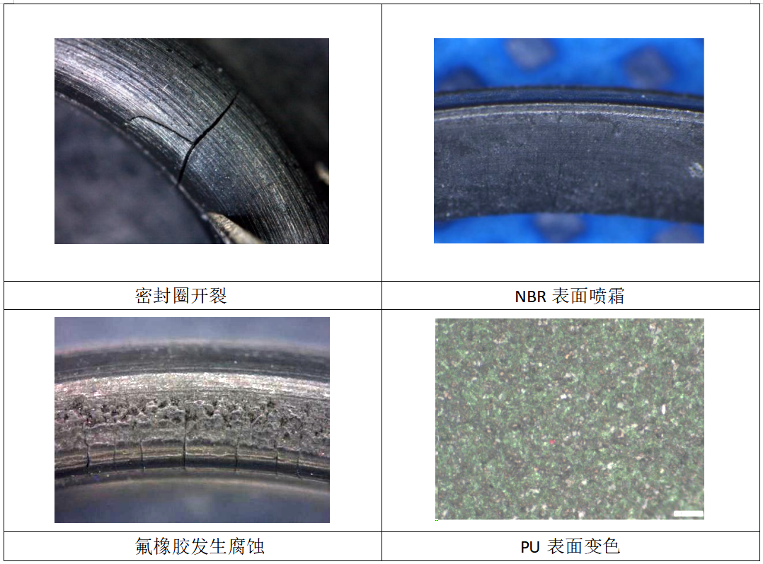 橡膠失效模式對比：密封圈開裂、NBR噴霜、氟橡膠腐蝕與PU變色